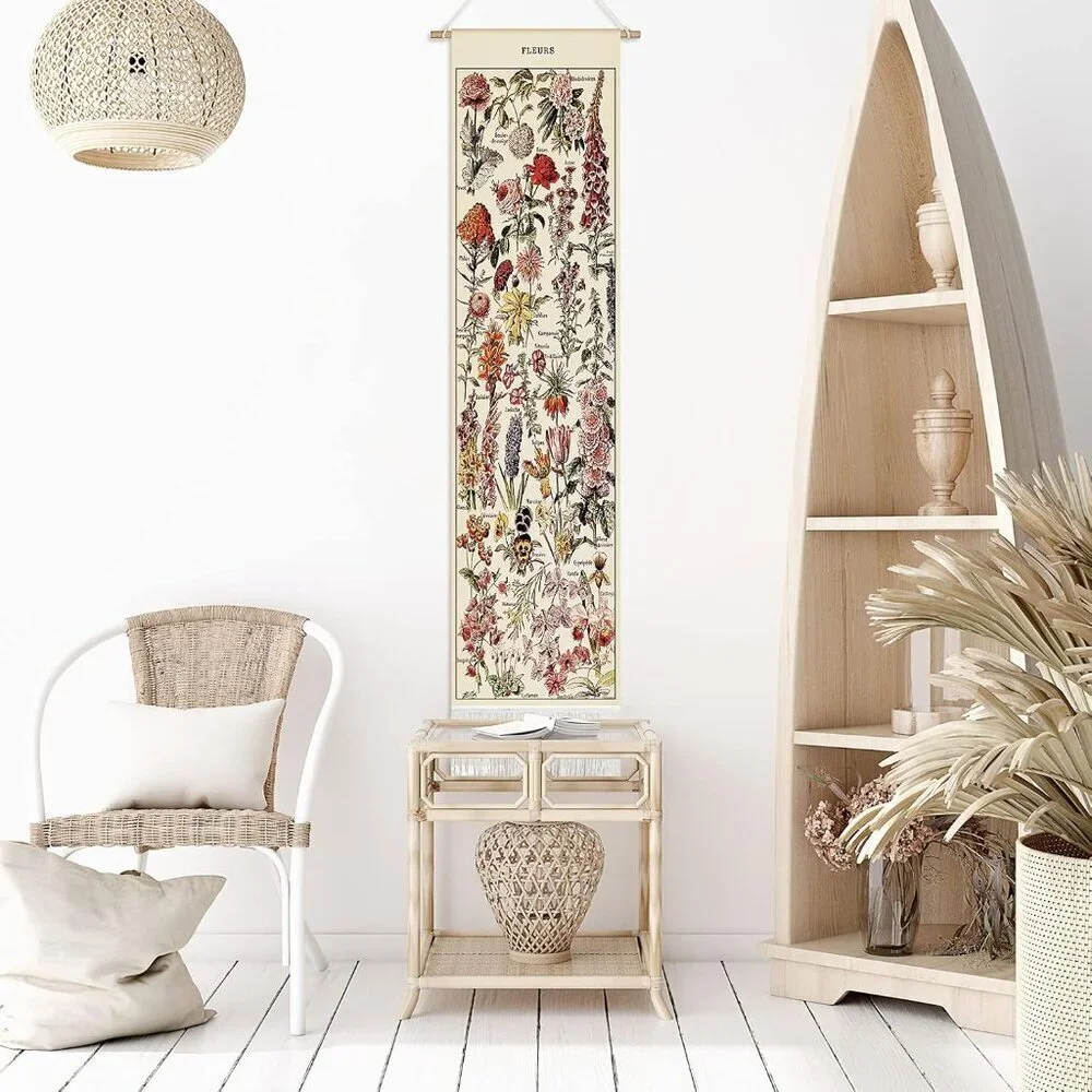 Vintage 52 X 13 Inch Long Vertical Wall Hanging Reference Botanical Tapestry